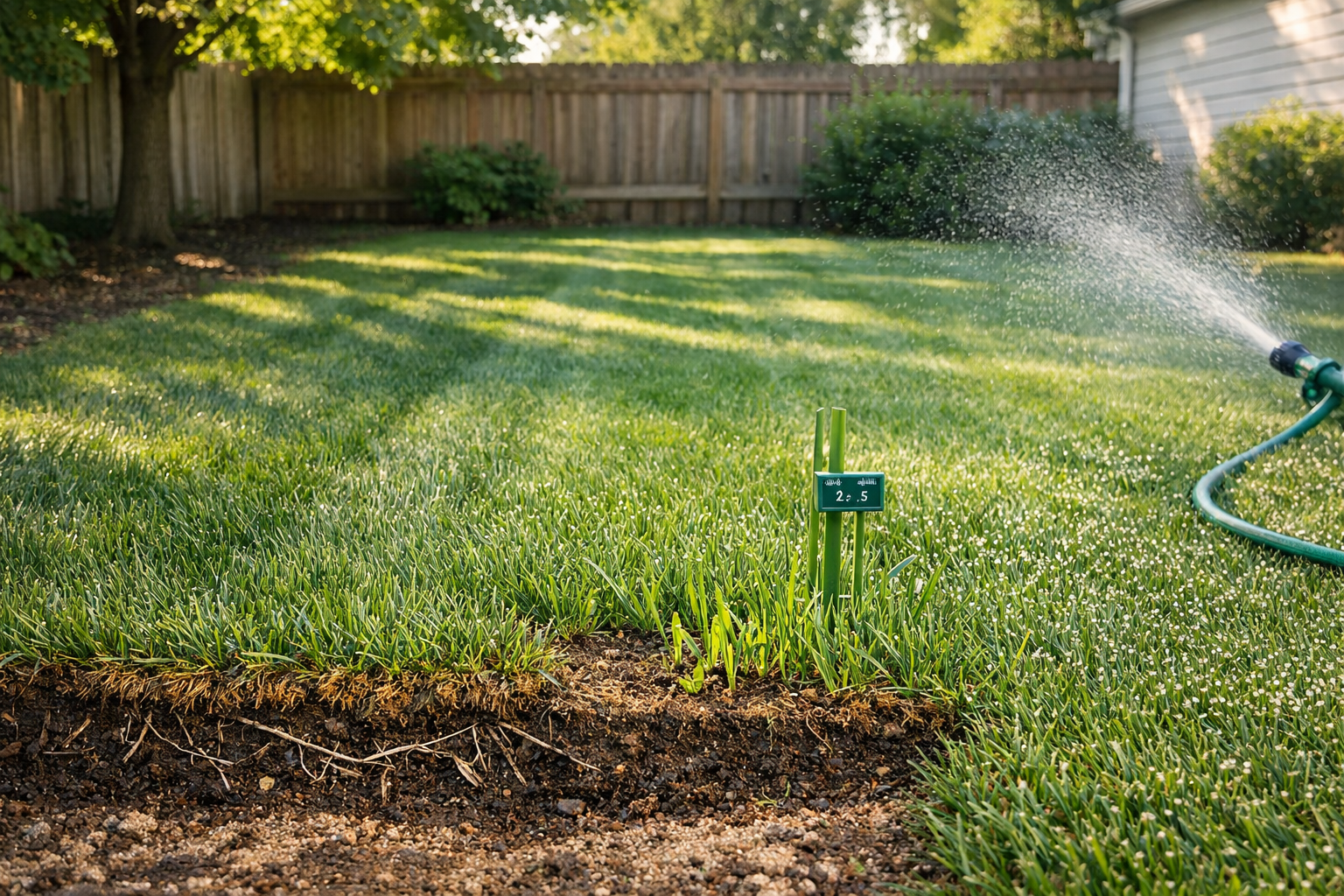 kentucky bluegrass lawn with sunlit grass, shaded edge, mowing lines, and a misting hose.