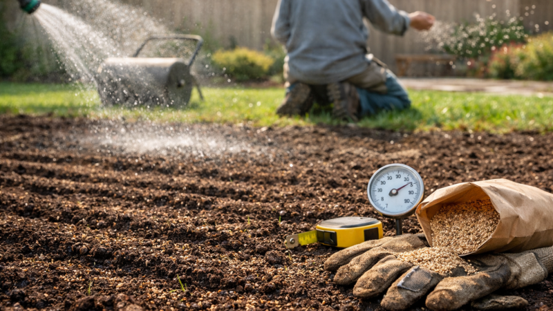 Gardener hand-sows bermuda lawn seeds in a damp raked backyard seedbed with hose mist and tools nearby.