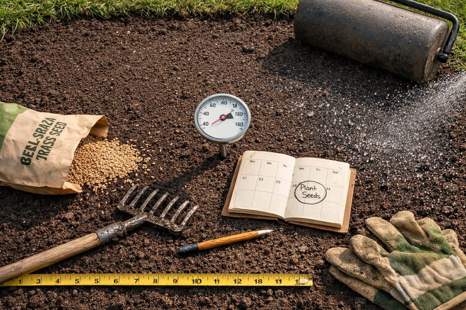 Overhead seedbed with thermometer, rake, calendar, and bermuda lawn seeds on dark soil.
