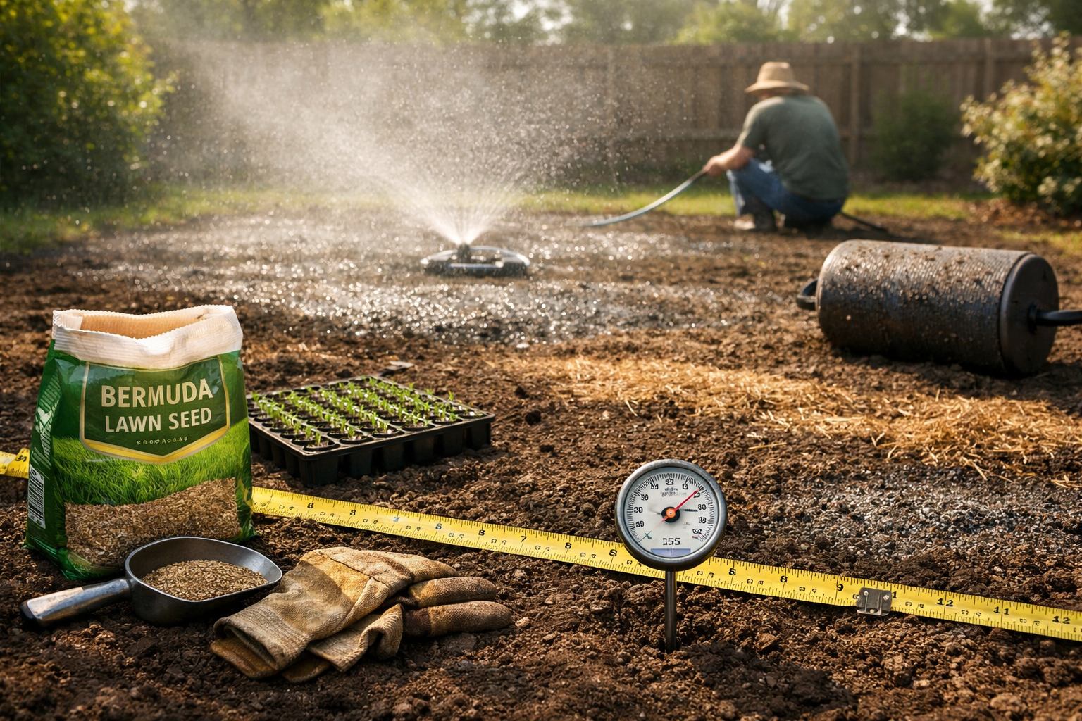 Backyard seedbed with bermuda lawn seeds, hose mist, seedlings, tools, and a kneeling gardener.