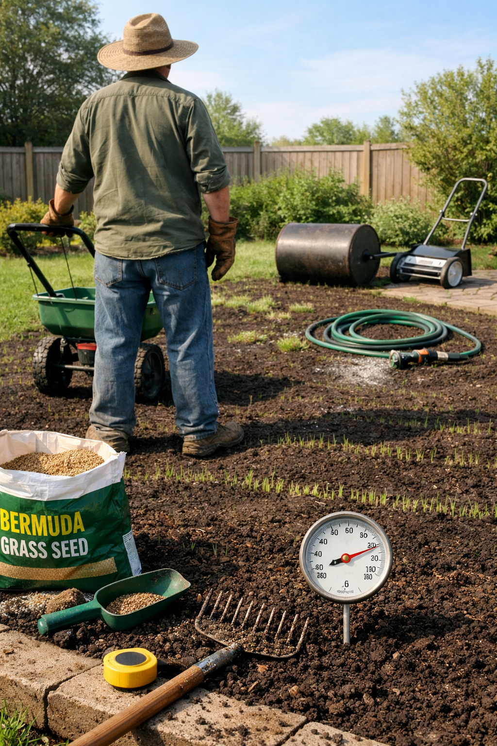 Gardener with spreader on new bermuda lawn seeds, tools and seedlings in sunny backyard