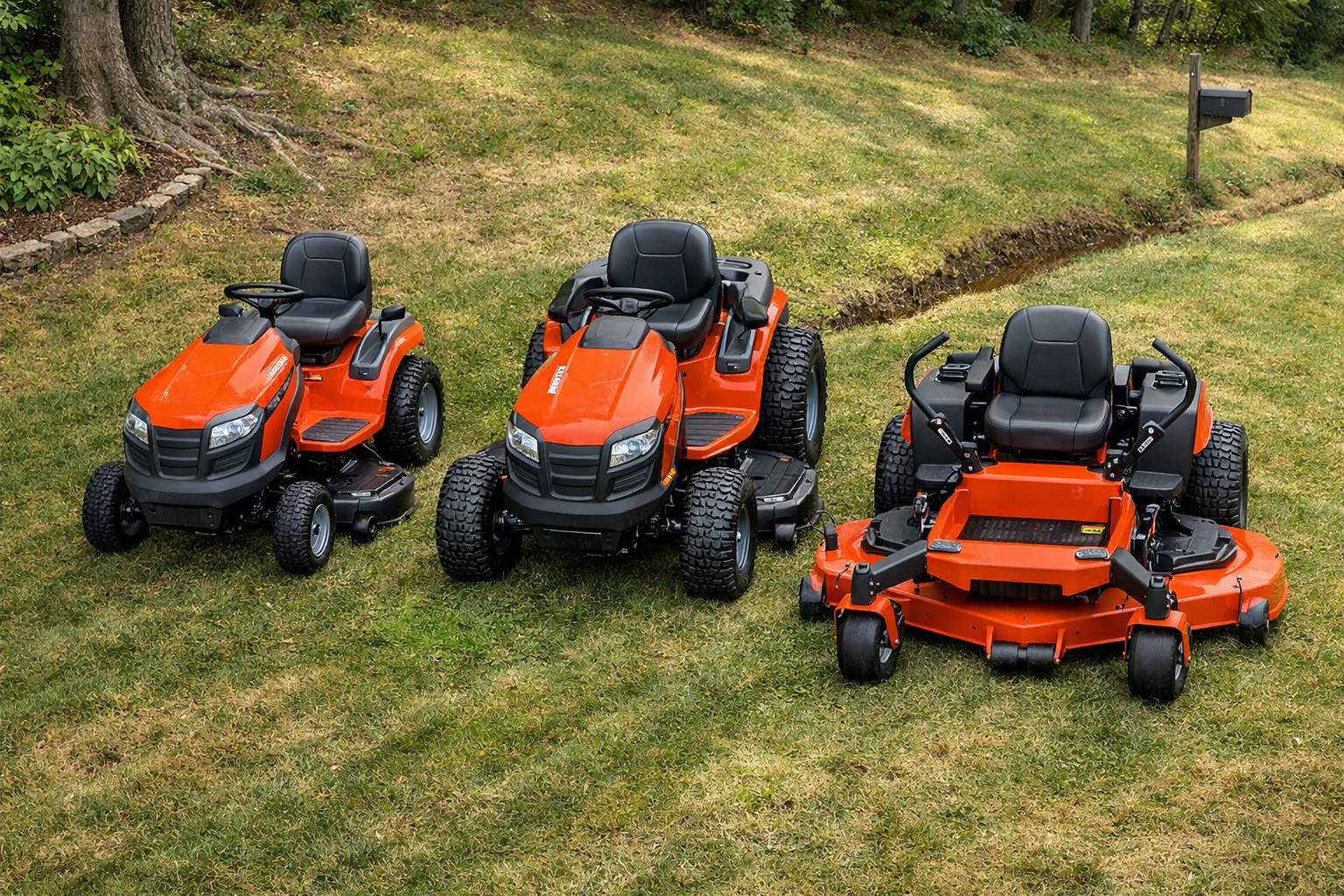 Three husqvarna riding mower models on a steep lawn: tractor, heavy-duty, and zero-turn mowers.