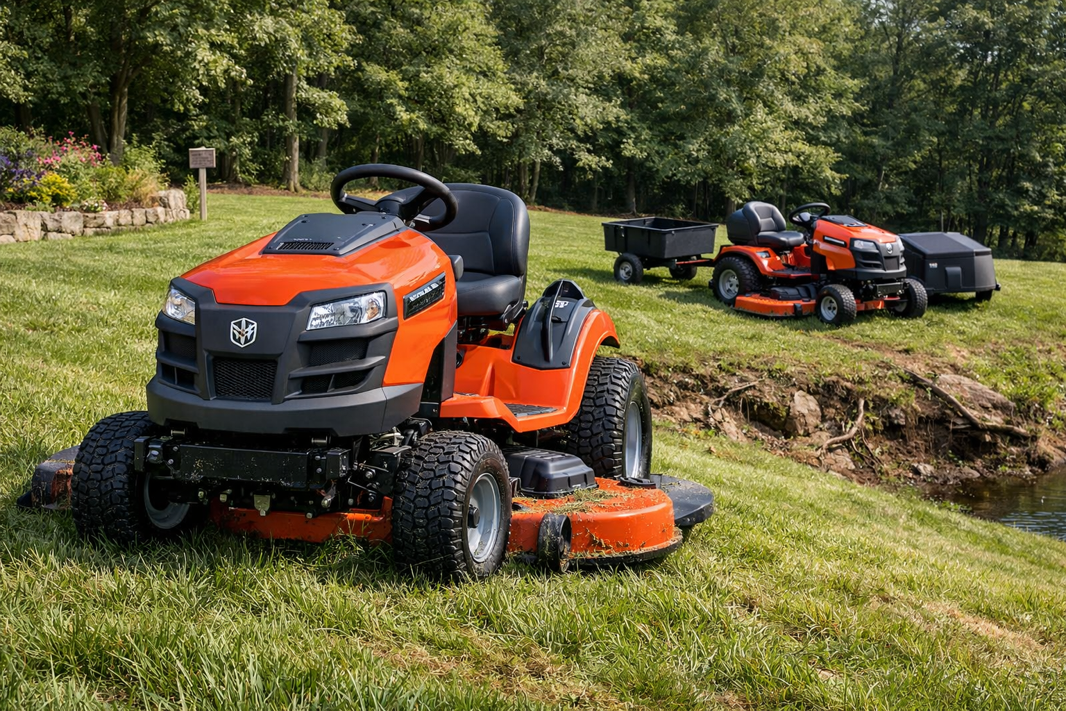 Husqvarna riding mower on a sloped residential lawn with a second mower and utility cart nearby