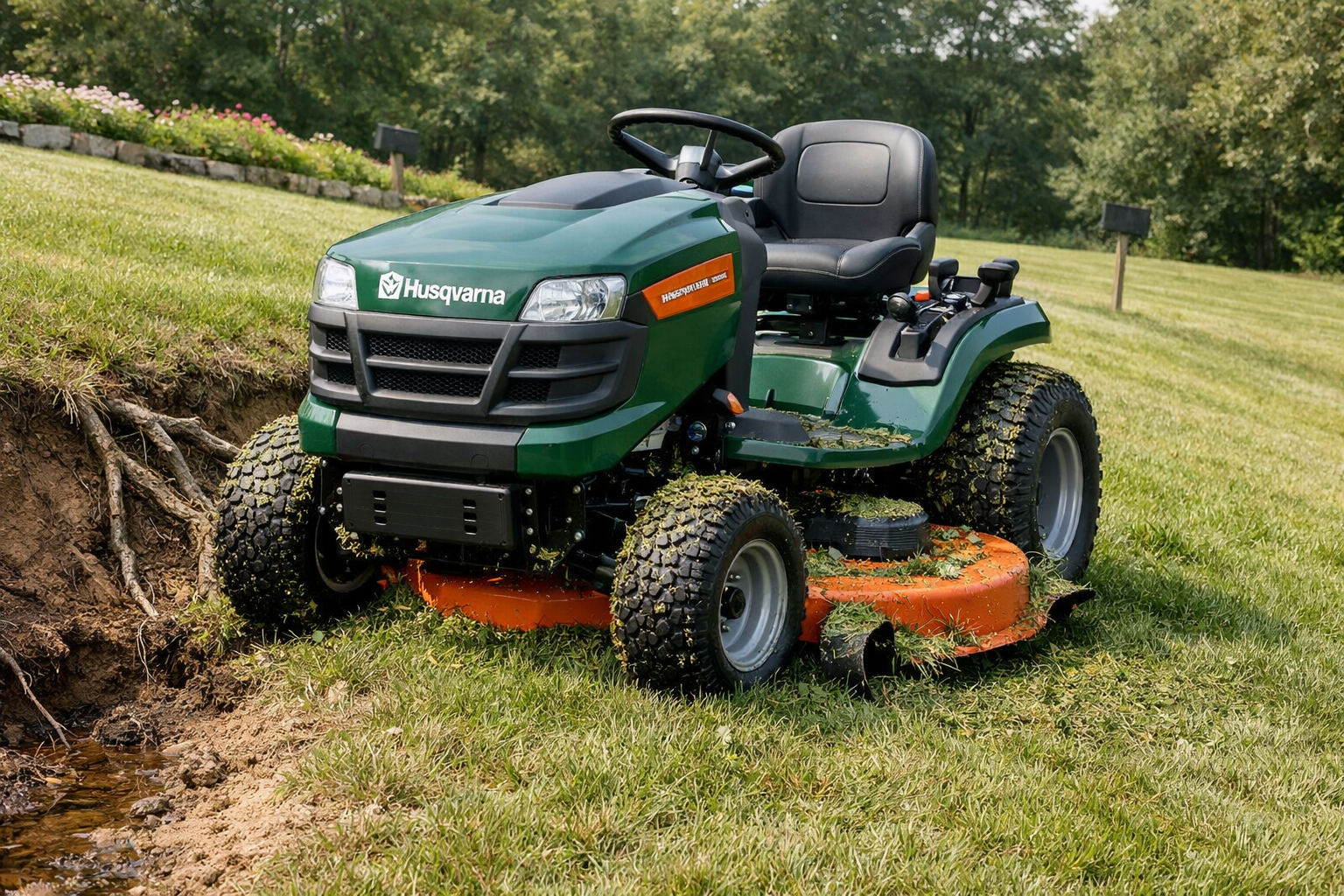 Husqvarna riding mower mowing a sloped suburban lawn beside a ditch with exposed roots.