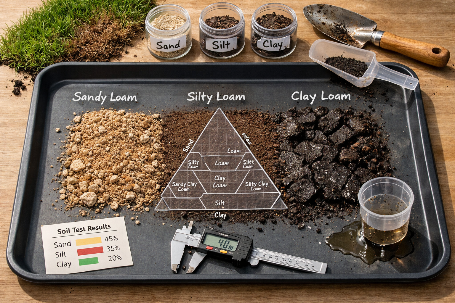 what is loam soil: overhead samples of sandy, silty, and clay loam with jars, tools, and a texture chart