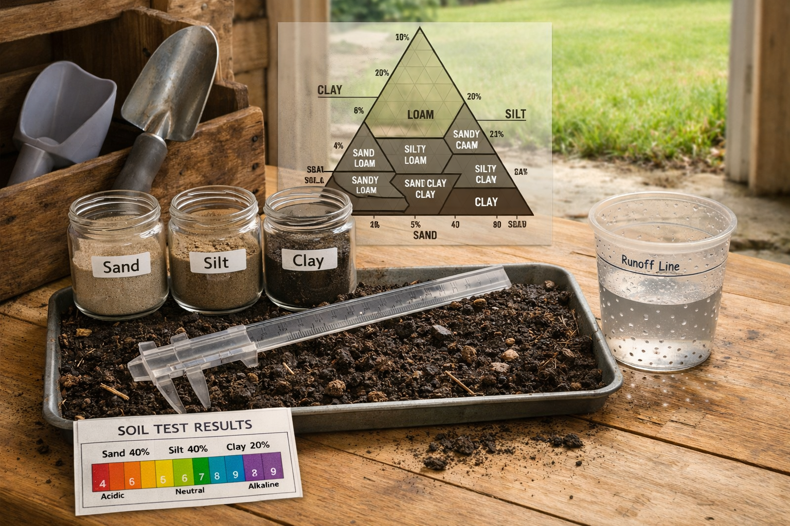 Soil test setup for what is loam soil: sand, silt, clay jars, loam tray, pH card, ruler, trowel.