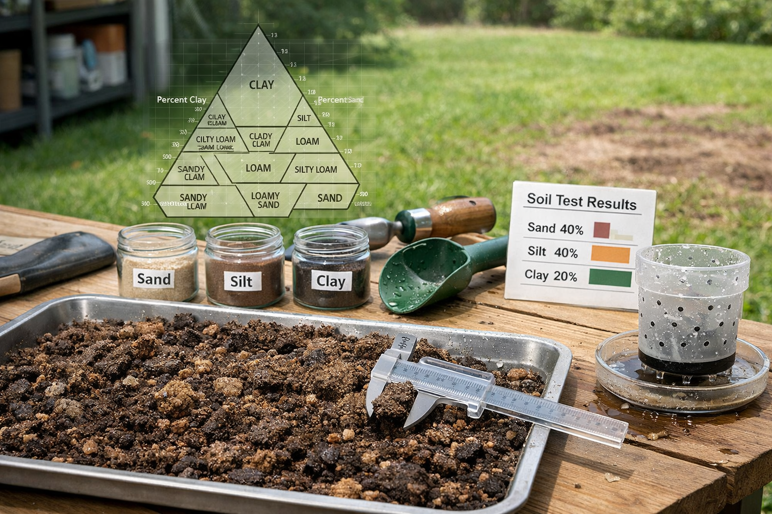 Garden shed workbench with soil samples, tools, and loam test; what is loam soil