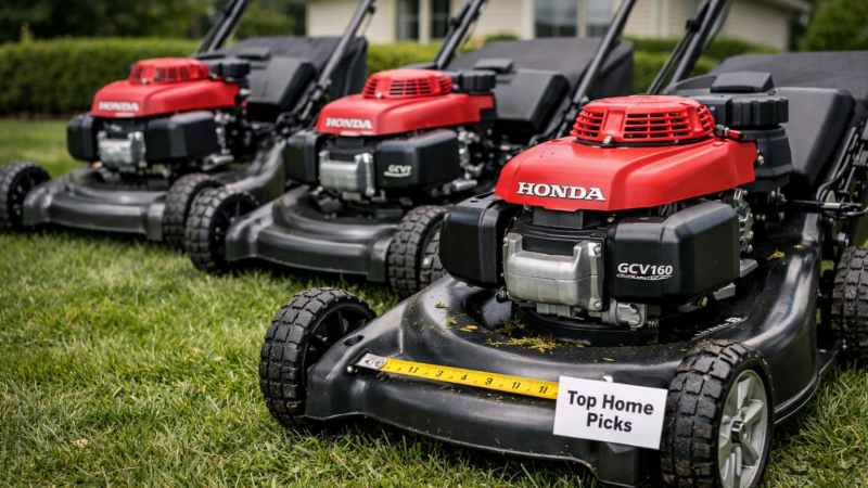 Three push mowers with Honda engines line up on a suburban lawn, with “Honda GCV160,” “GCV170,” and “GCV200” badges visible.