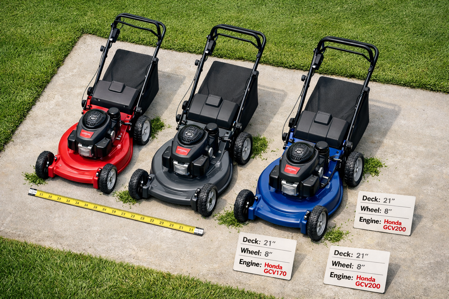 Overhead comparison of three push mowers with honda engine, measuring tape, specs cards, and fresh grass beside a lawn.