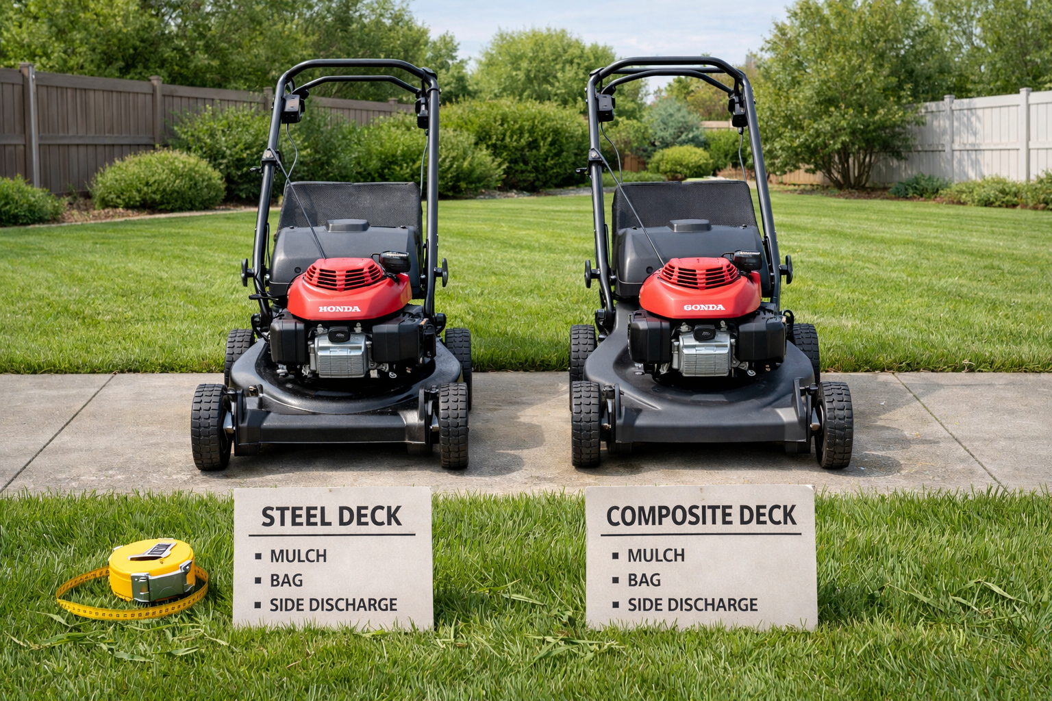Two walk-behind mowers, including a push mower with honda engine, compare steel and composite decks beside a lawn.