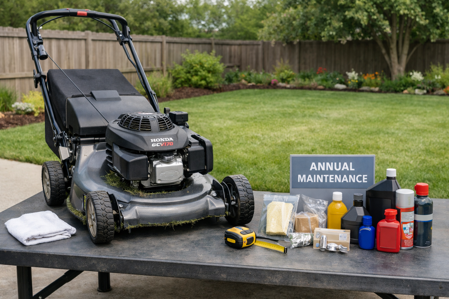 Push mower with honda engine beside annual maintenance supplies, checklist, parts, and measuring tape on a suburban lawn.