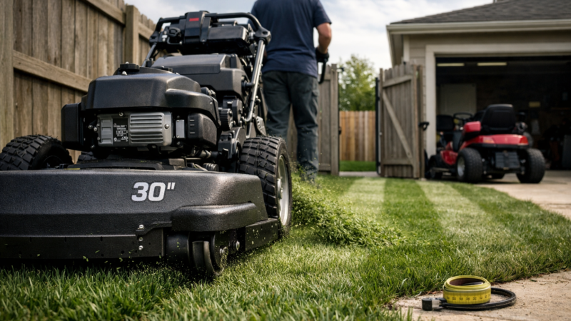 30 inch mower cutting striped suburban lawn beside a fenced gate, with clippings trailing and a rider mower near the garage.