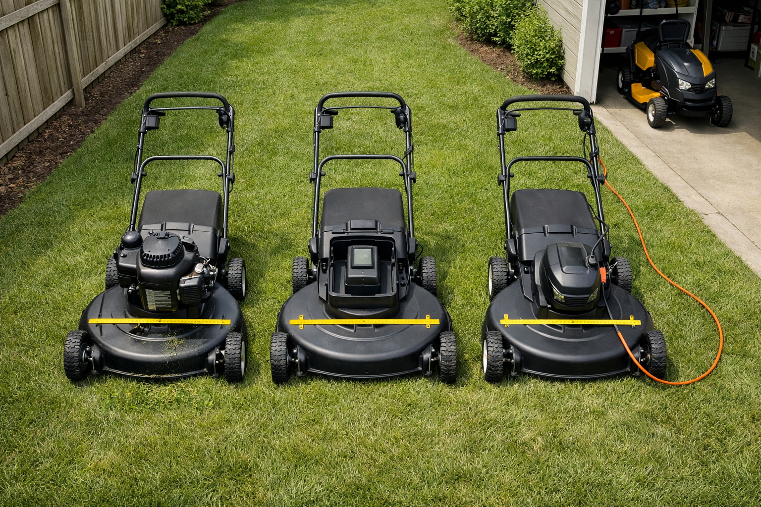 Overhead comparison of three 30 inch mower options—gas, battery, and corded—lined up on a suburban lawn beside an open garage.