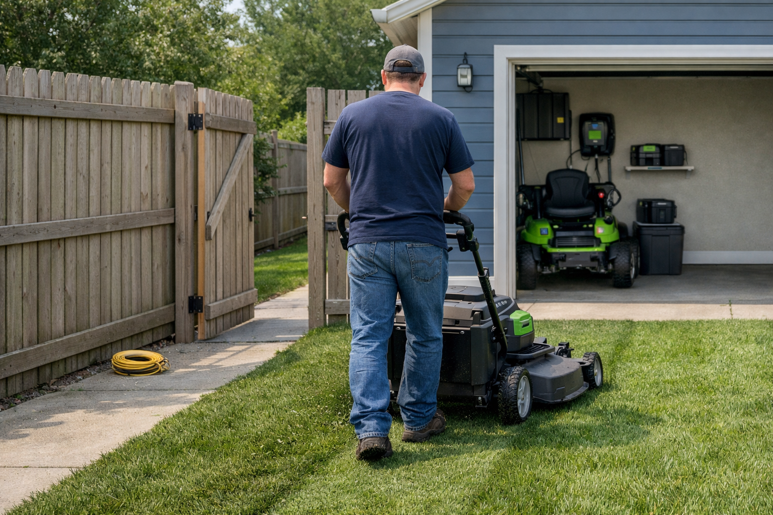 30 inch mower crosses a suburban lawn beside a fenced gate as a homeowner cuts grass near a garage and riding mower.