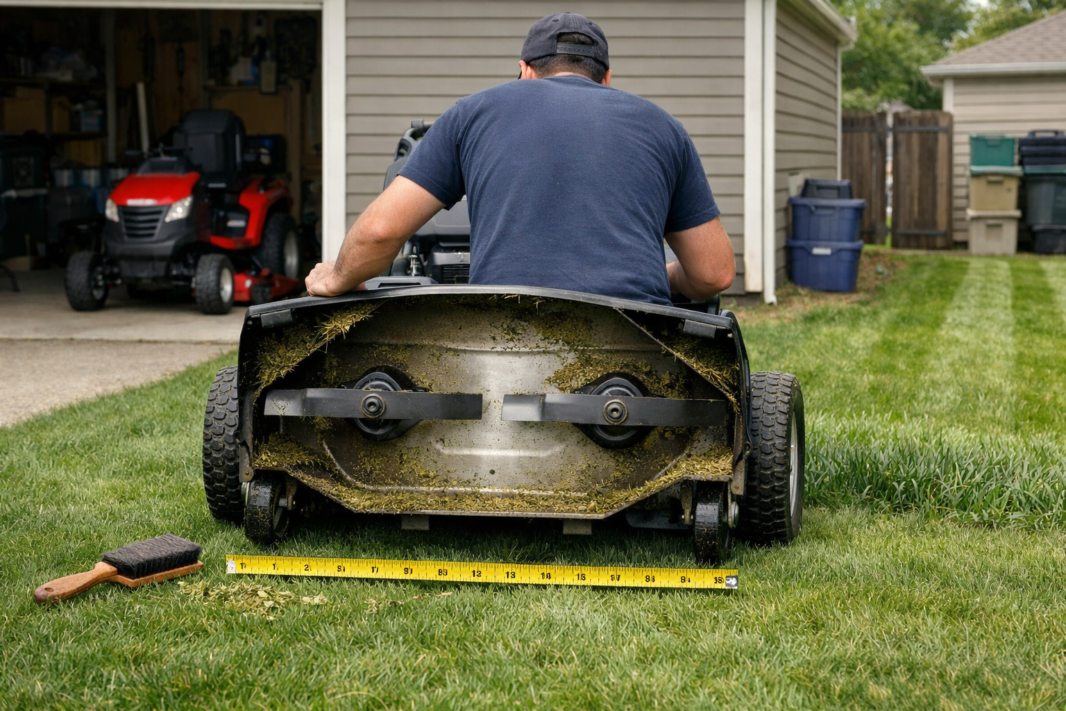 30 inch mower with raised deck on a suburban lawn, homeowner inspecting blades beside an open garage.