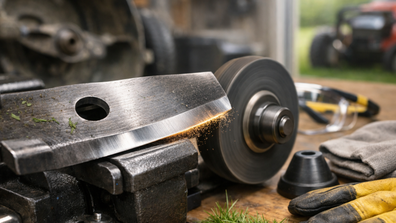 Macro view of a mower blade sharpener mower setup, with a beveled steel blade grinding safely against a bench wheel.