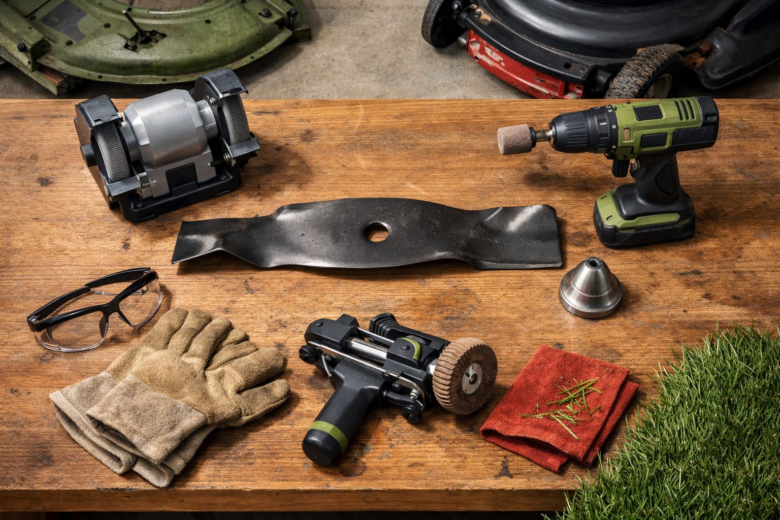 Overhead garage workspace with mower blade, blade sharpener mower tools, balancing cone, safety gear, and mower parts on a workbench.