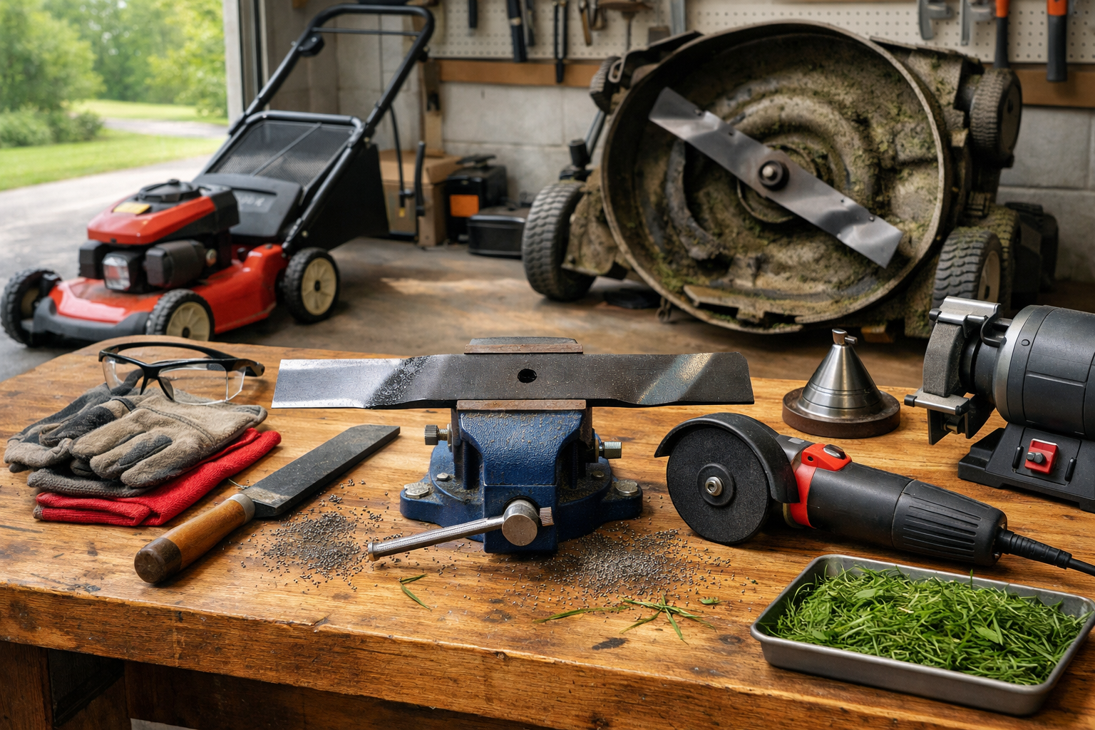 Garage workspace with mower blade in a vise, file and grinder, safety gear, mower, and grass clippings; blade sharpener mower setup