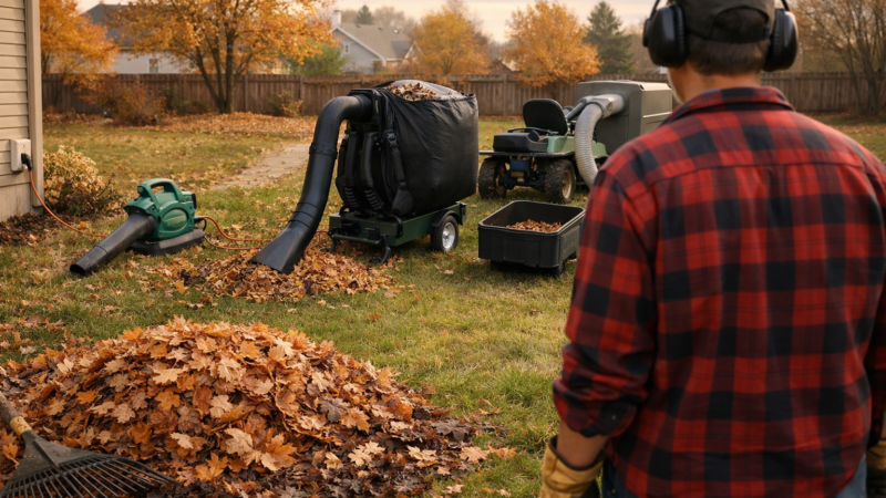 Homeowner compares handheld, backpack, and tow-behind leaf vacuum setups in an autumn yard