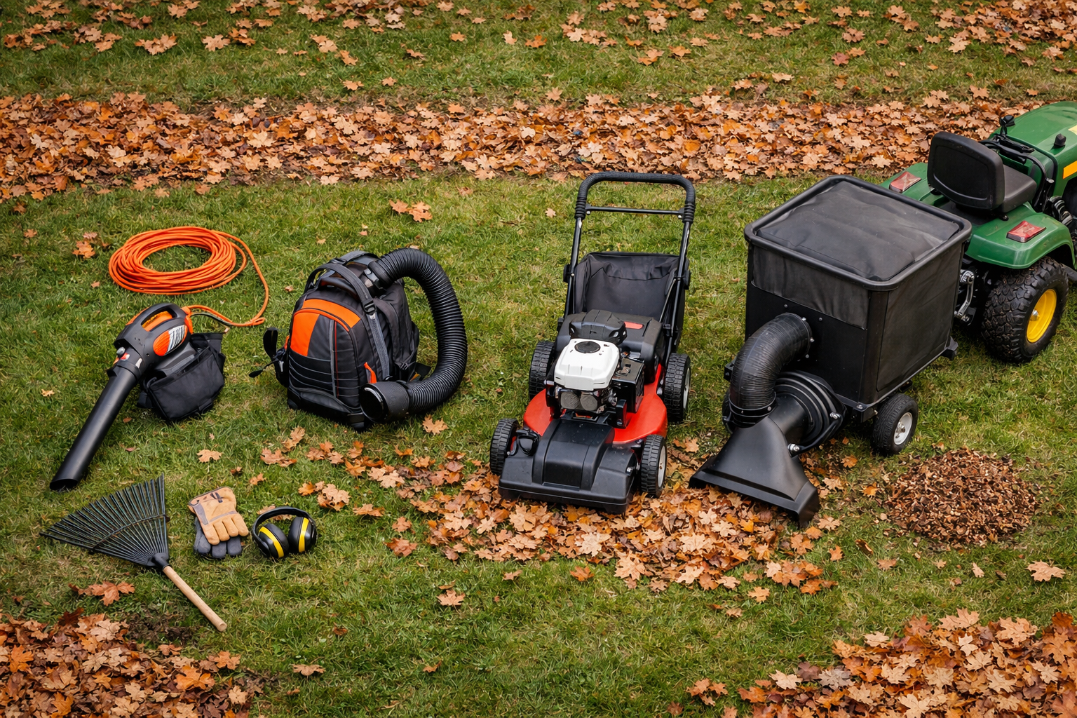 Overhead autumn yard showing four leaf vacuum types beside leaves, rake, gloves, and a tractor.