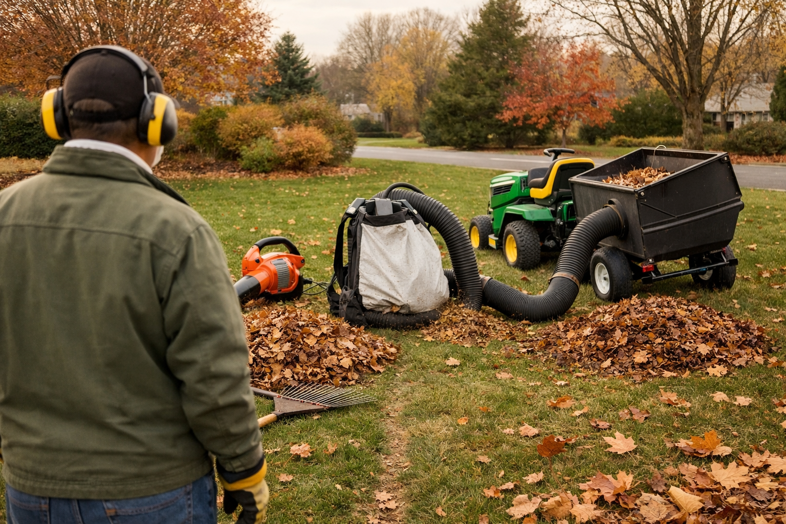 Homeowner compares handheld, backpack, and tow-behind leaf vacuum setups in a suburban autumn yard.