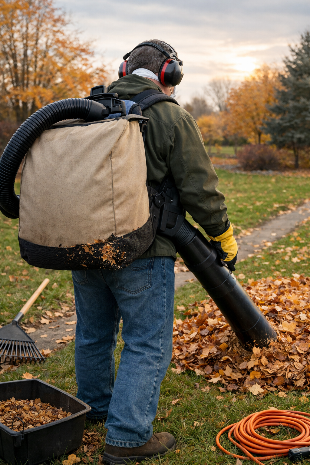 Back view of homeowner using a leaf vacuum to clear autumn leaves from a suburban lawn.