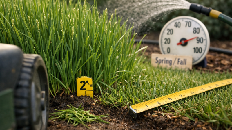 Close-up of tall fescue grass blades with mower clippings, water spray, and a soil edge.