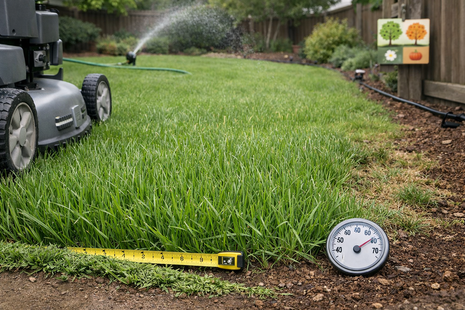 Tall fescue grass in a suburban yard beside a parked rotary mower, cut clippings, hose, and measuring tape.