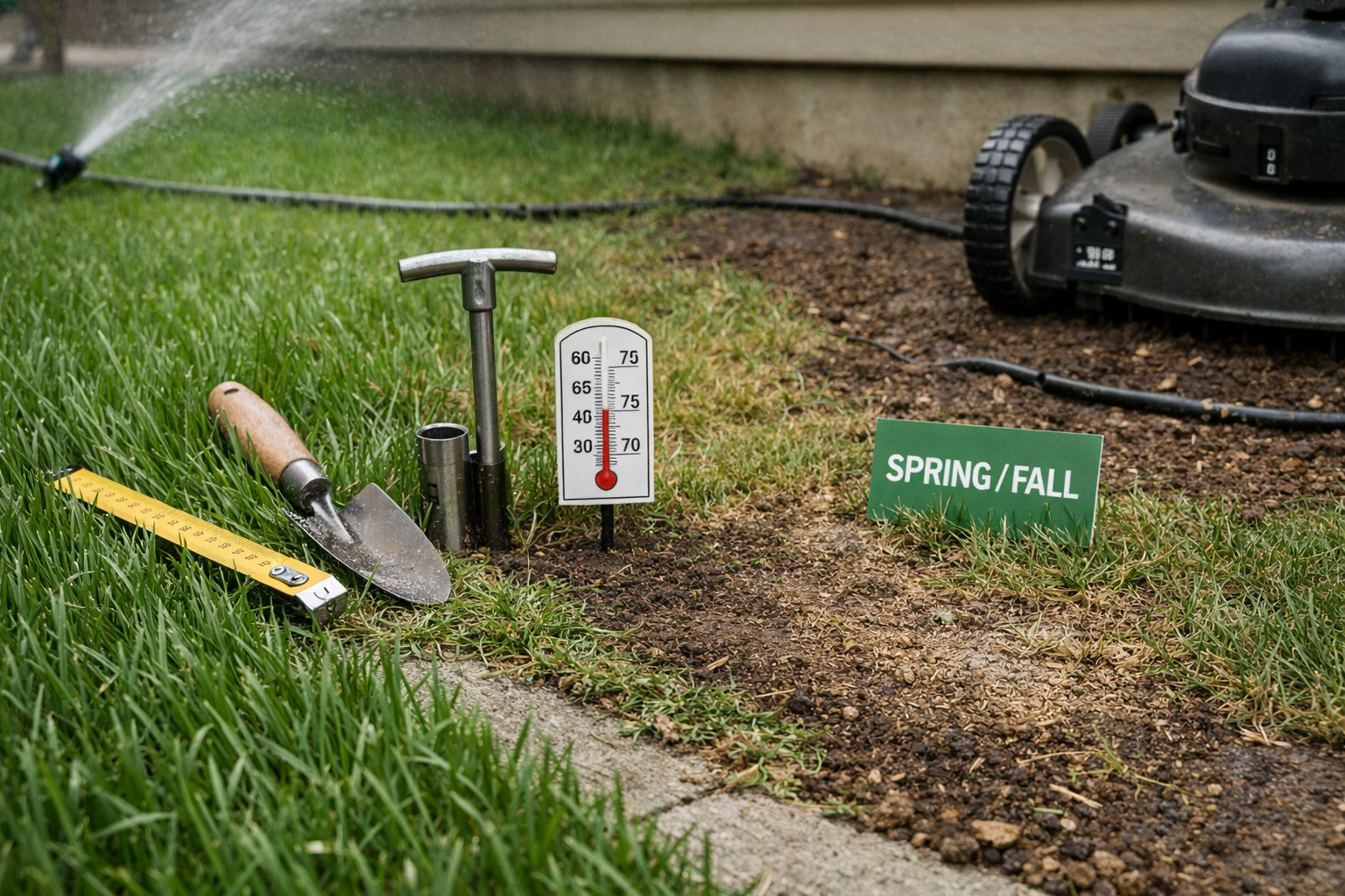 Tall fescue grass lawn with thin stressed patch, mower, tools, and thermometer in soft daylight.