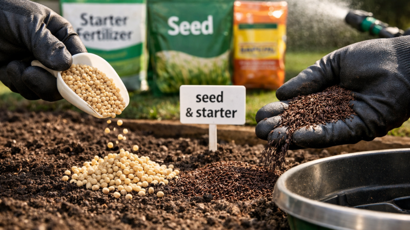 Gloved hands spread lawn fertilizer with grass seed over prepped soil beside an open lawn spreader.