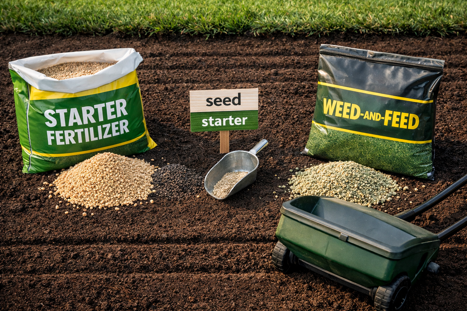 Starter fertilizer and weed-and-feed beside lawn fertilizer with grass seed on raked lawn