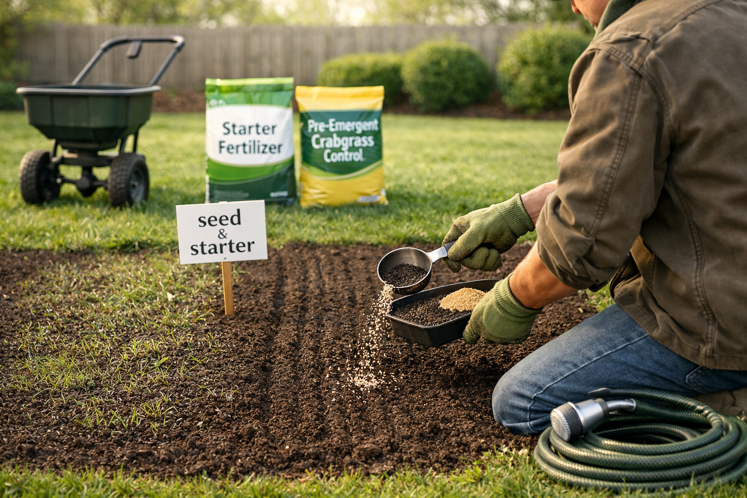 Homeowner kneels overseeding a seedbed with lawn fertilizer with grass seed, starter granules, and spreader.