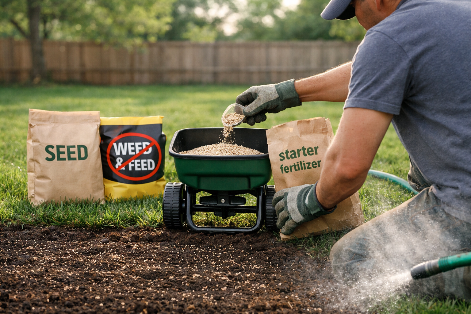 Homeowner pours lawn fertilizer with grass seed into spreader beside seeded lawn; hose mists.