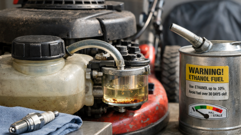 Close-up of a lawn mower fuel system beside a gas can and spark plug, showing gasoline for lawn mower