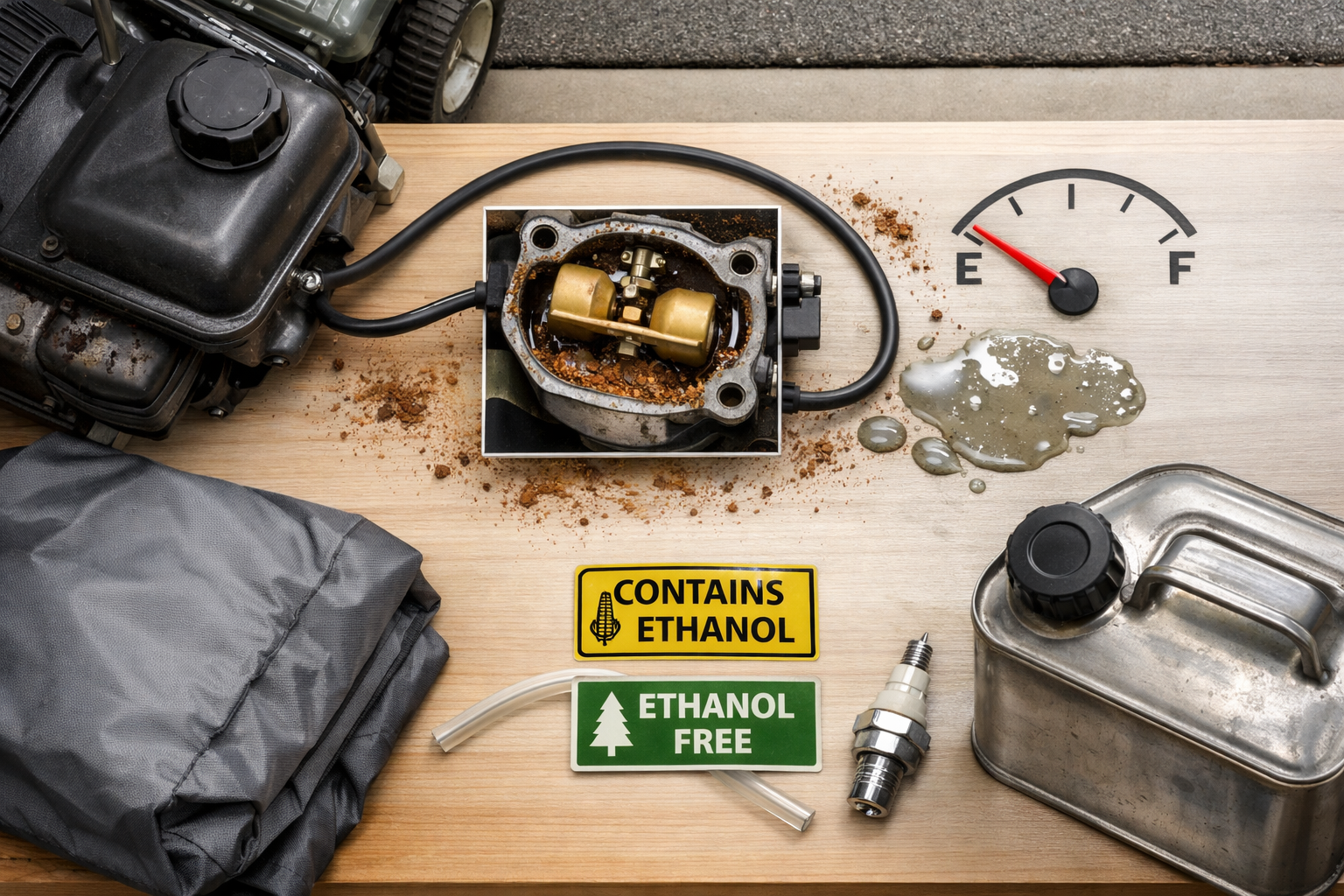 Overhead mower fuel-system diagram with gasoline for lawn mower, carburetor inset, gas can, and rust residue