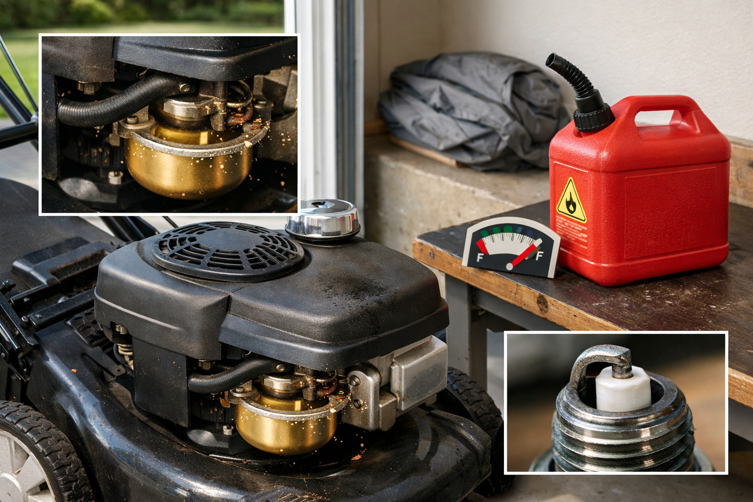 Walk-behind gas mower beside fuel can on a workbench in a clean garage, with gasoline for lawn mower visible.
