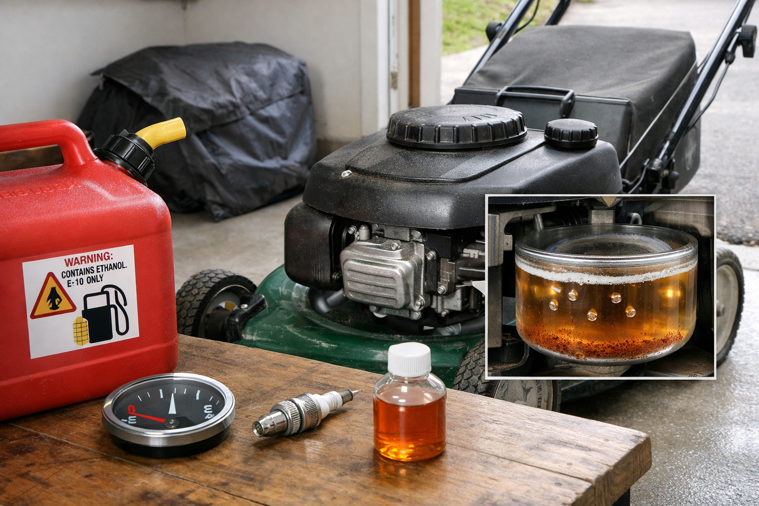 Garage workshop with lawn mower, fuel can, spark plug, and stale gasoline for lawn mower in cutaway view
