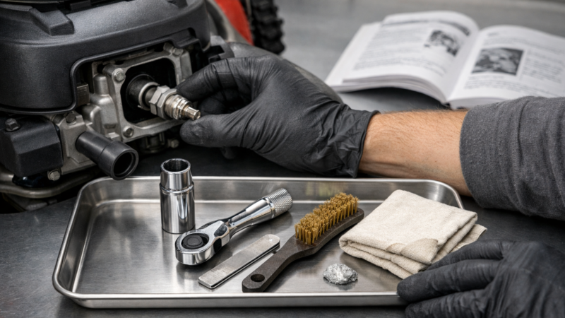 Gloved hands clean a lawn mower spark plug with a spark plug socket lawn mower, tools on tray.