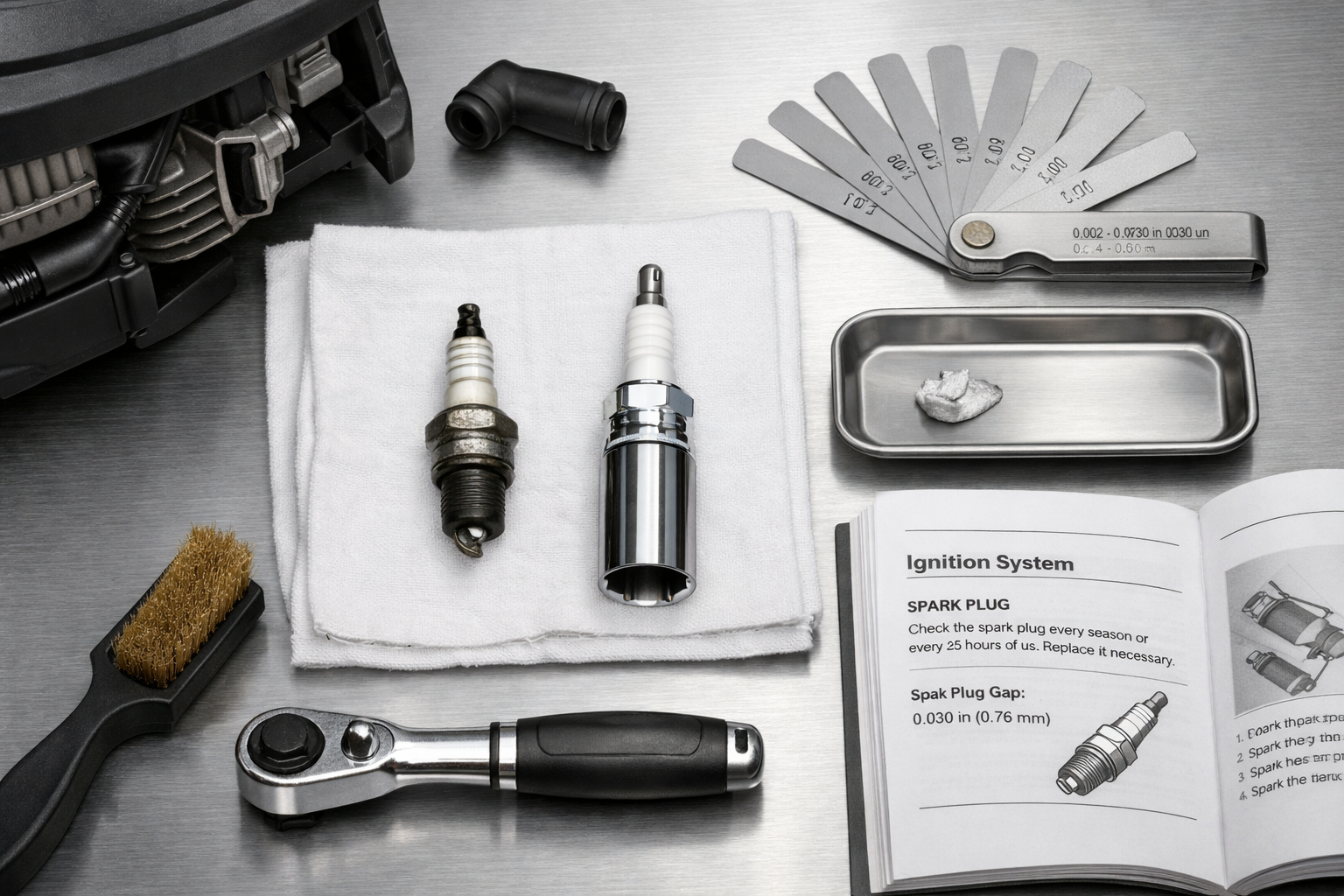 Spark plug socket lawn mower next to used and new spark plugs, feeler gauge, and mower manual on bench
