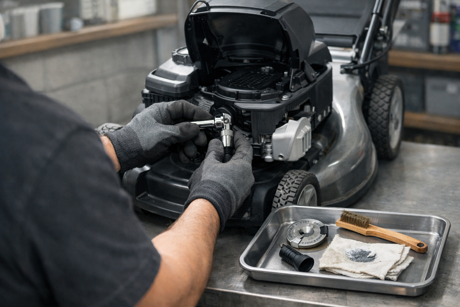 DIY mechanic reinstalling a lawn mower spark plug with spark plug socket lawn mower in a clean garage