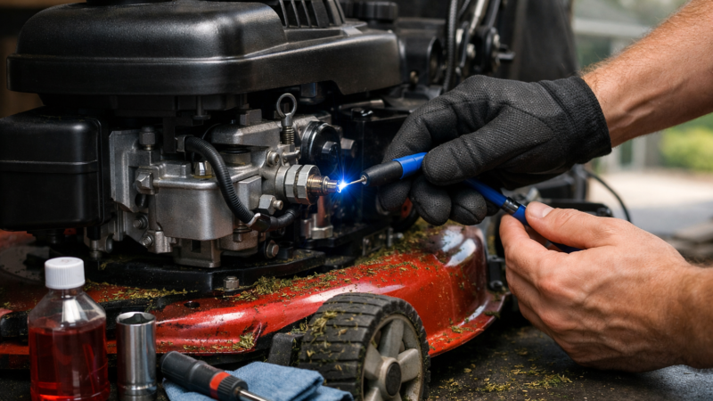 Macro view of a mower engine with a blue spark, tools, and fuel nearby, illustrating why lawn mowers won't start