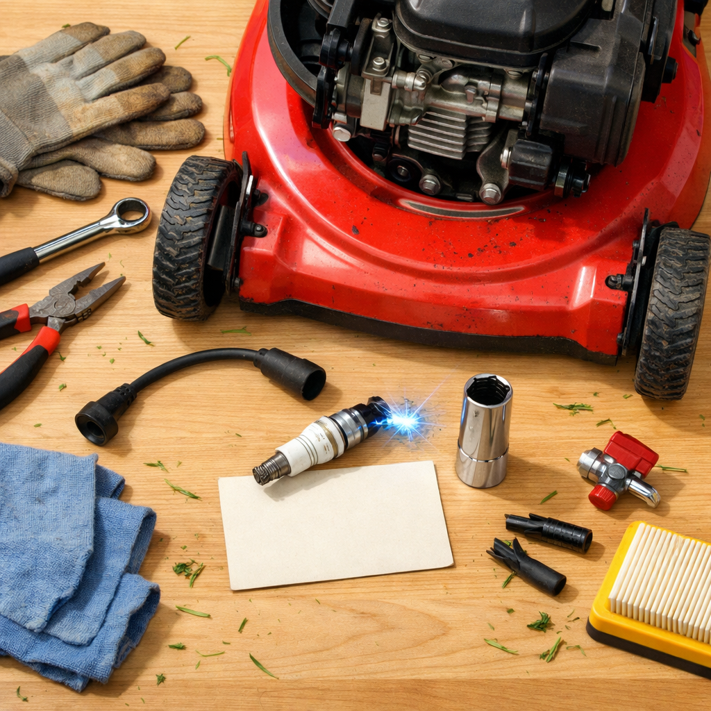 Overhead garage workbench with open lawn mower, removed spark plug, tools, and diagnostic supplies for “lawn mowers won't start” troubleshooting