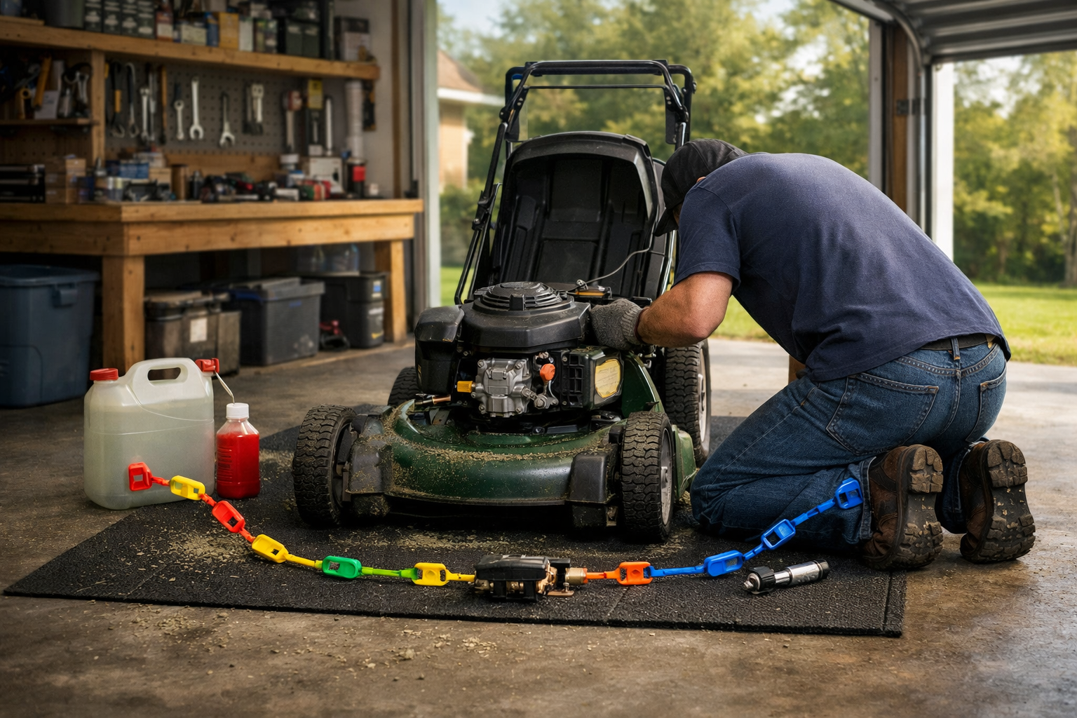 Lawn mowers won't start: homeowner inspects a mower with linked fuel, air, and spark checkpoints in a tidy garage.