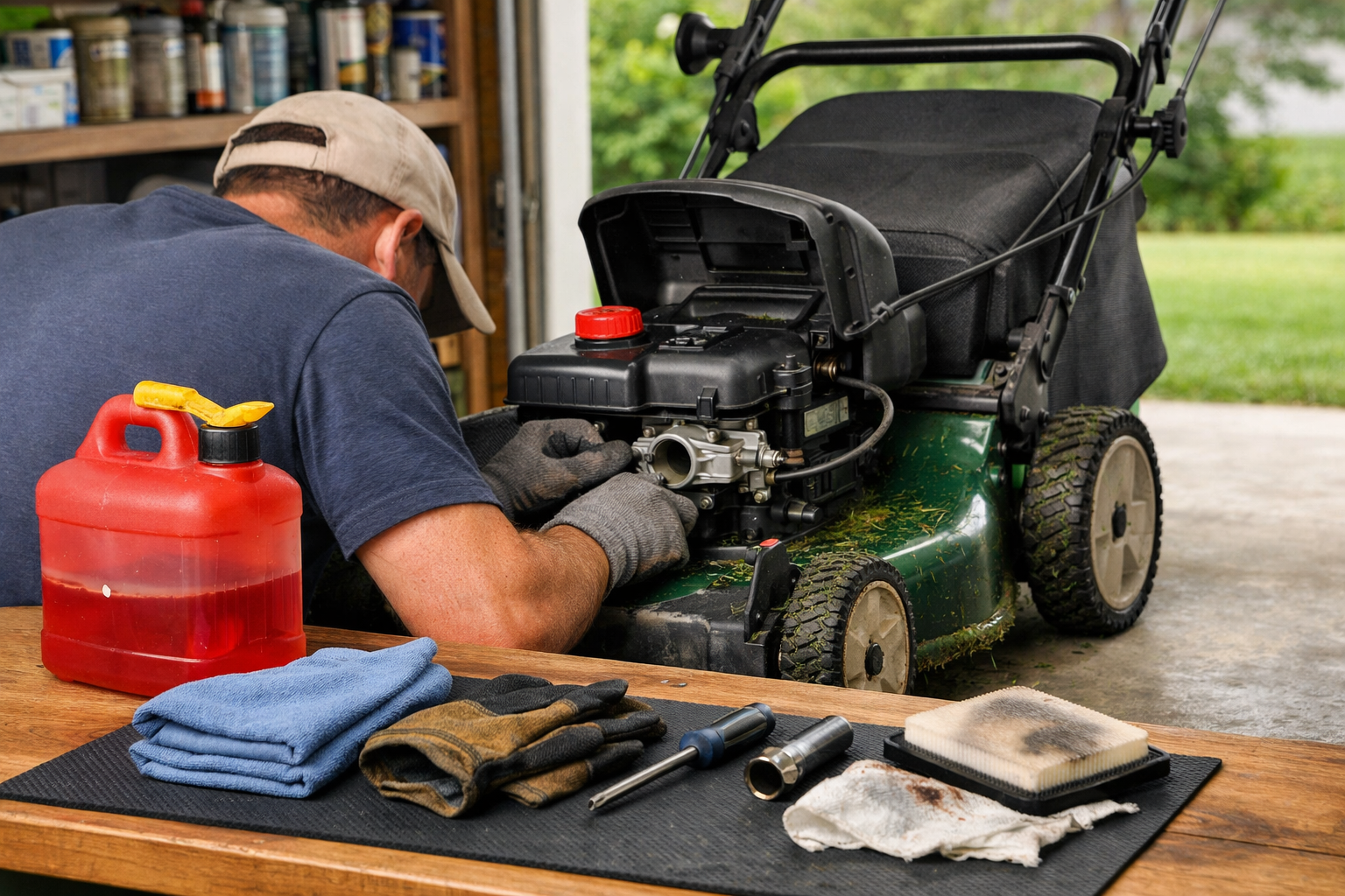 Homeowner diagnosing a lawn mower in a tidy garage, with tools and fuel safely arranged; lawn mowers won't start.
