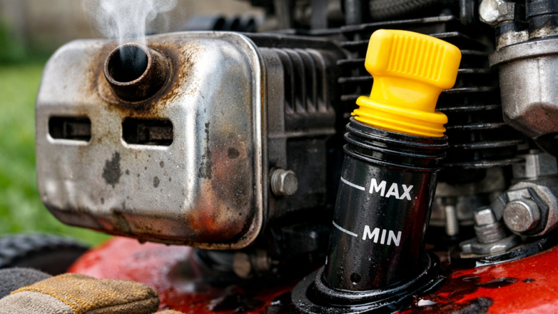 Close-up of a red push mower engine with white smoke from lawn mower muffler, oil-fill tube, dipstick, gloves, and grass background.