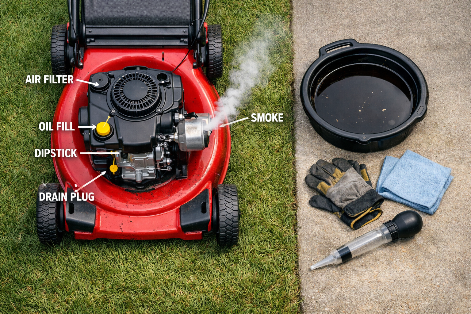 Overhead red lawn mower with oil tools and a thin plume of white smoke from lawn mower, signaling possible engine trouble.
