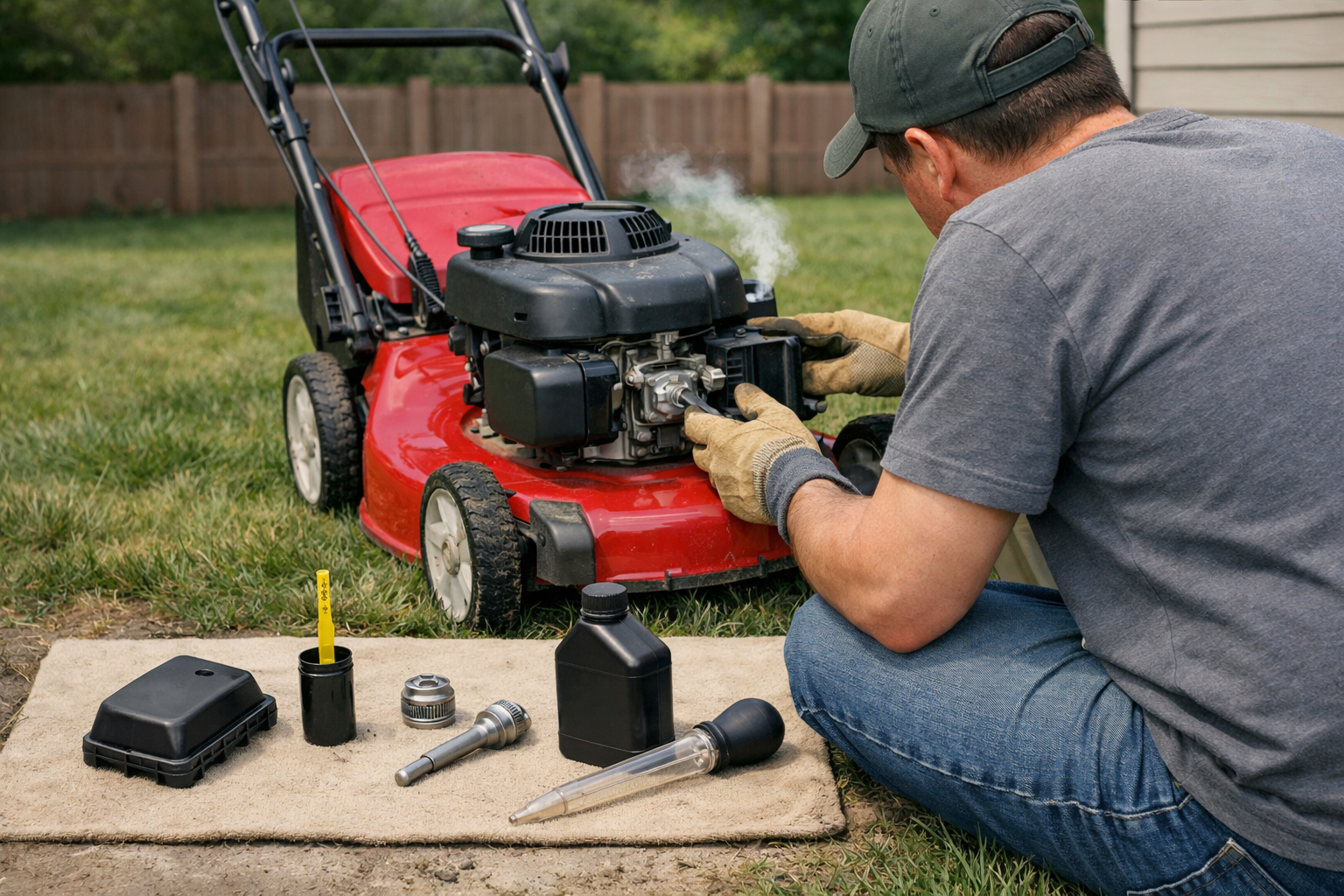 Homeowner inspects a red mower as white smoke from lawn mower drifts from its muffler across a suburban lawn.