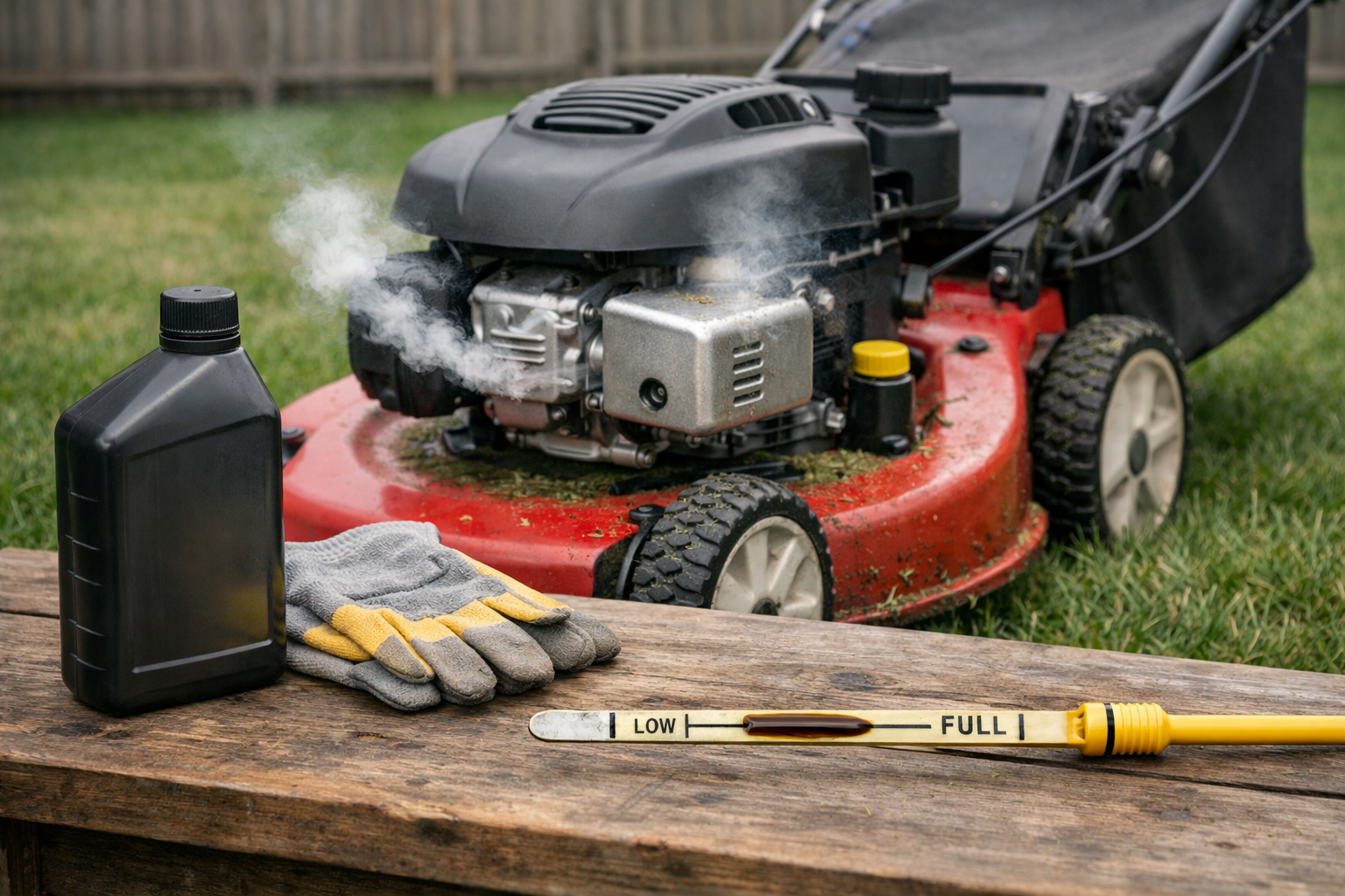 Red lawn mower with white smoke from lawn mower muffler, heat haze, and overfilled dipstick beside oil and gloves.