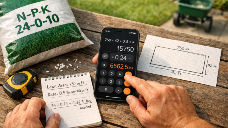 Hands use a phone calculator beside lawn notes and N-P-K 24-0-10 fertilizer on a weathered table; yard fertilizer calculator.