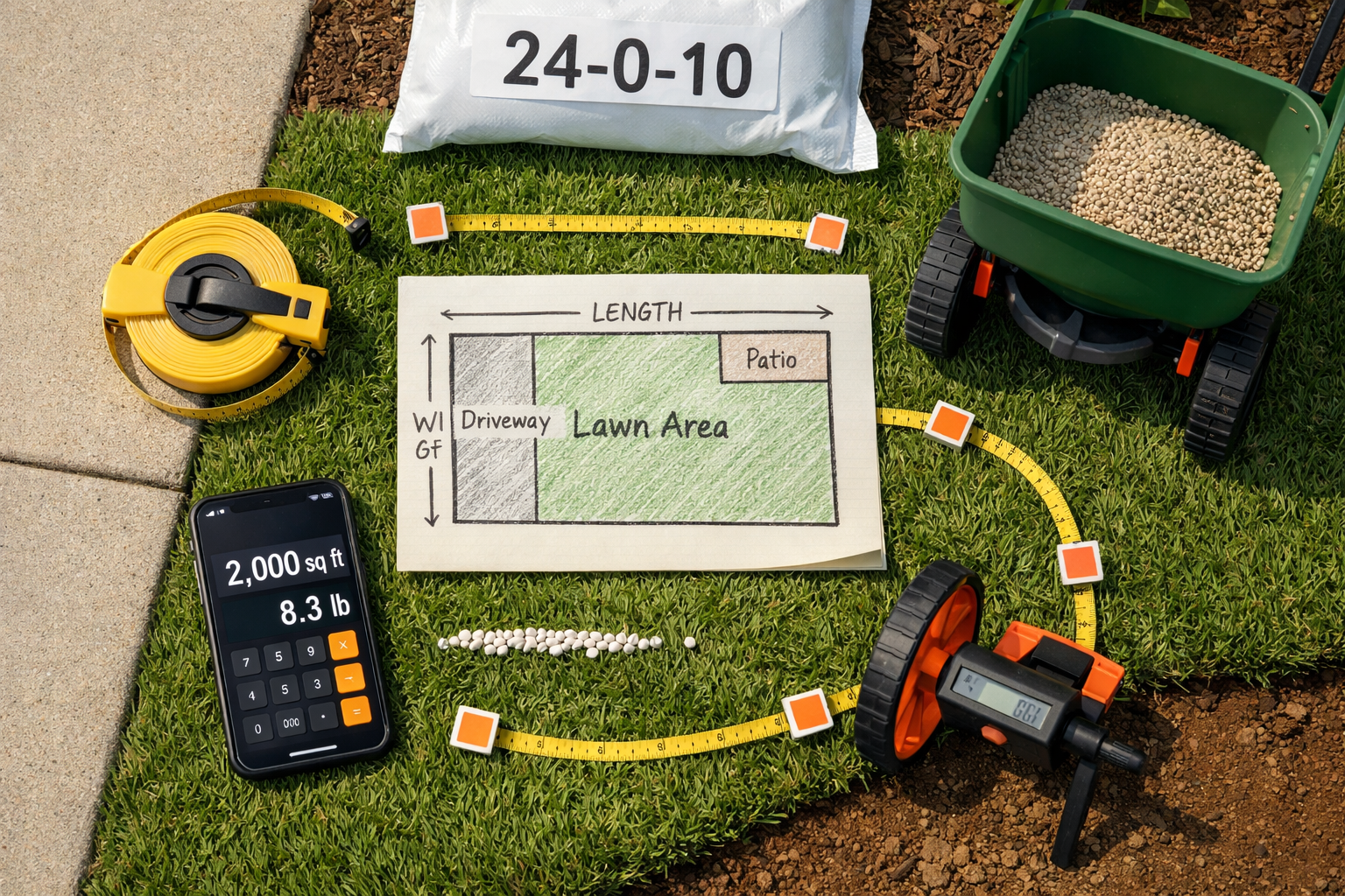 Flat-lay yard fertilizer calculator setup with lawn sketch, measuring tools, phone showing 2,000 sq ft and 8.3 lb, and 24-0-10 fertilizer.